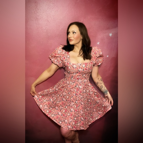 MABLE- Pink and White Puff Sleeve Mini Dress - Picture 1 of 5